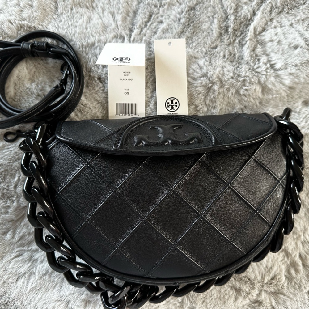 Tory Burch Mini Fleming Soft Crescent Bag in Black. - Picture 2 of 8